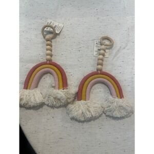 Two Boho Rainbow Wall Hanging Wood Beads Tassel Nursery Decor Set